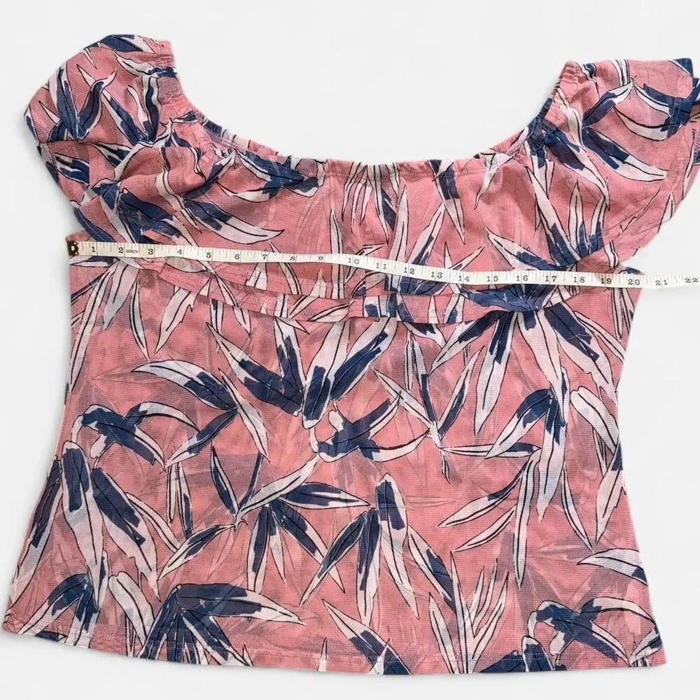 Haute Fox Pink Floral Ruffle Off-The-Shoulder Stretchy Mesh Top (Size 2XL) - Picture 3 of 5